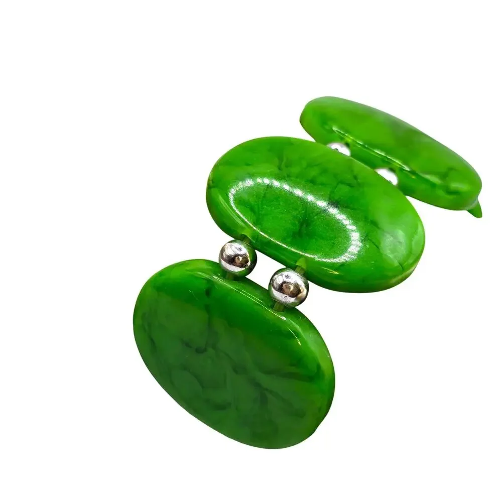 Chunky Stretch Green Beaded Bold Oval Plastic Silver Tone 7